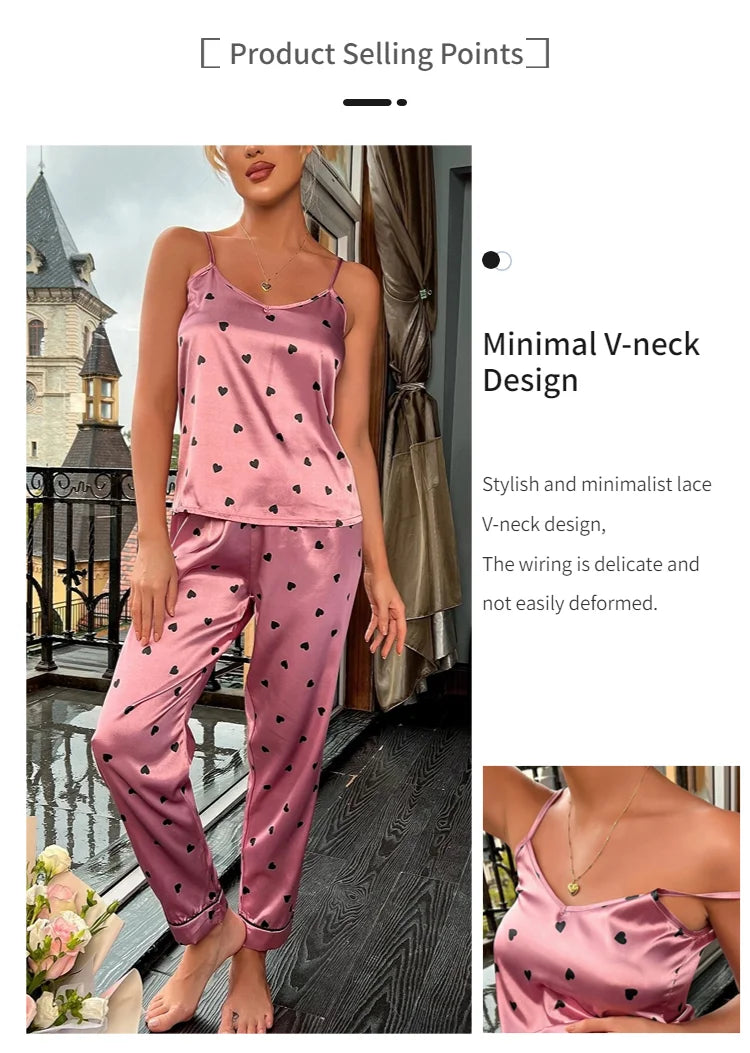 Women Satin Silk Pajamas Sets Letter Print Cami Vest Shirt With Trouser Sleepwear