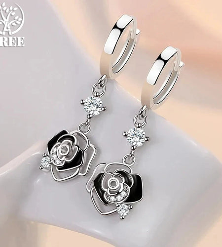 New Trendy 925 Sterling Silver Earrings For Women Vintage Black Hollow Rose Flower