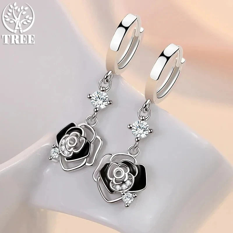 New Trendy 925 Sterling Silver Earrings For Women Vintage Black Hollow Rose Flower