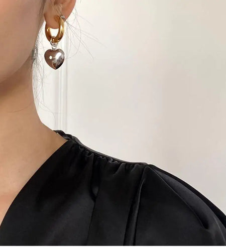 Statement Minimalist Gold Silver Color Mixed Solid Heart Pendant Hoop Earrings