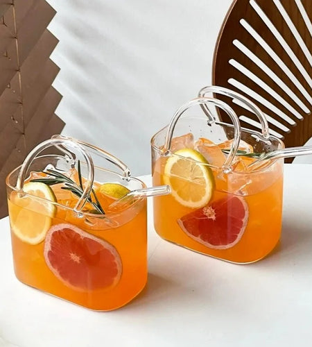 Portable Handbag Glass Cup, Creative Cocktail Glasses Cups, Funny Fruit Wine Glass Cups ,Ins Style Bag Glass With Straw, Bar Tools