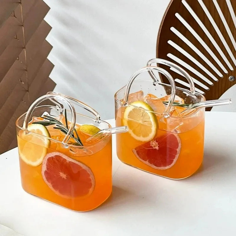 Portable Handbag Glass Cup, Creative Cocktail Glasses Cups, Funny Fruit Wine Glass Cups ,Ins Style Bag Glass With Straw, Bar Tools