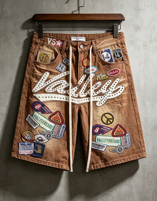 Load image into Gallery viewer, 2026 American VALLEY Embroidery Rhinestone Logo Patch Label Denim Shorts Men High Quality Loose Straight Short Jeans
