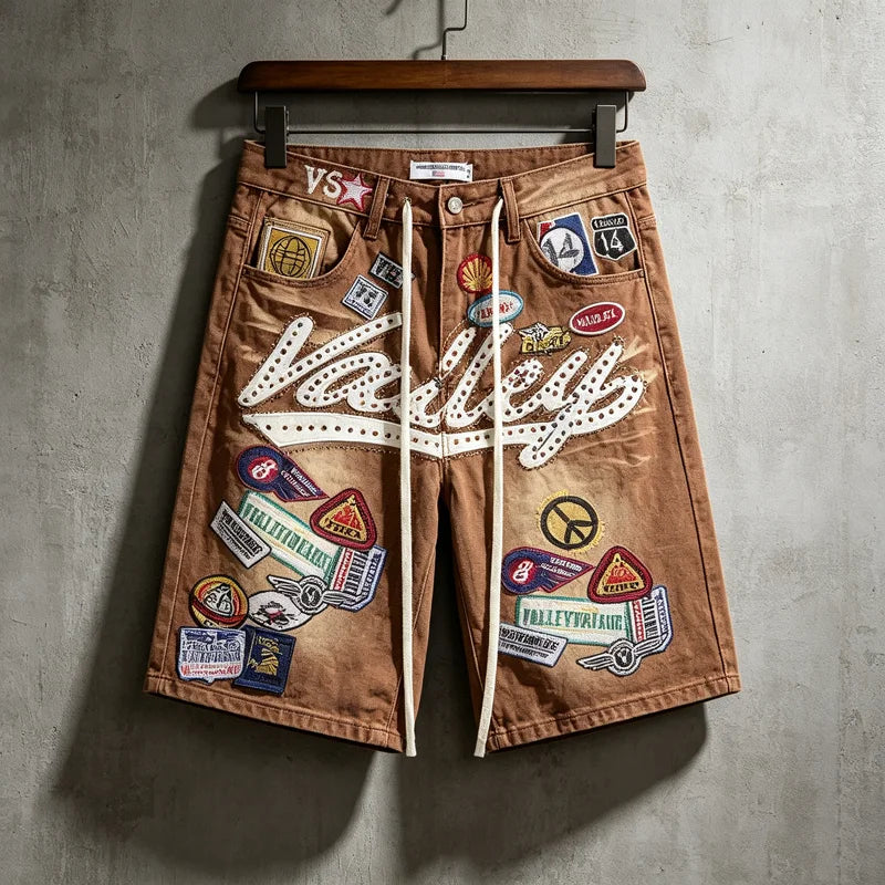 2026 American VALLEY Embroidery Rhinestone Logo Patch Label Denim Shorts Men High Quality Loose Straight Short Jeans