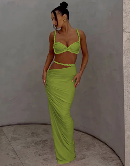 Load image into Gallery viewer, Woven Sexy Women 2 Piece Set Stunning Hot Solid Pleated Crop Camisoles High Waist Maxi Skirt

