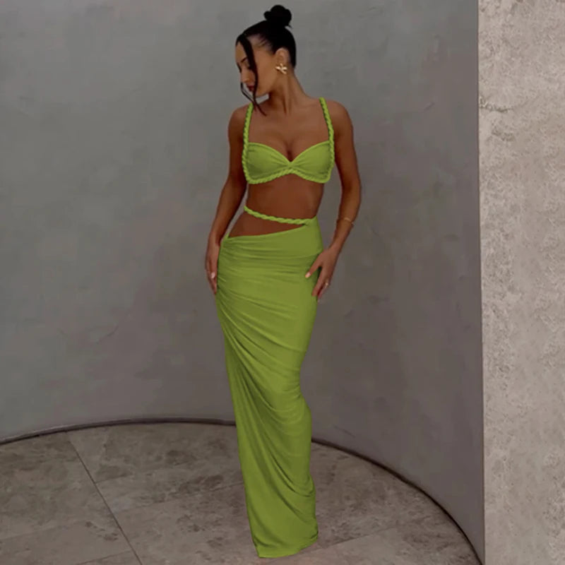 Woven Sexy Women 2 Piece Set Stunning Hot Solid Pleated Crop Camisoles High Waist Maxi Skirt