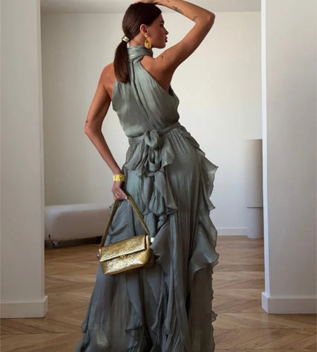 Women's Sleeveless Halter Neck Ruffle Maxi Dress Elegant Chiffon Tiered Waist Cinching Ankle-Length Solid Color Party Dress