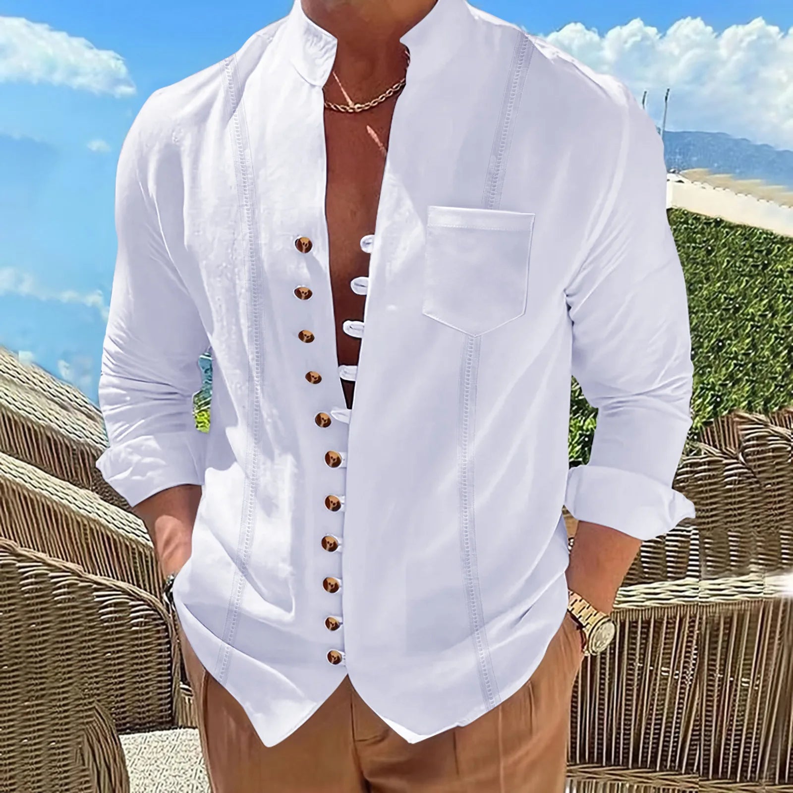 Men's new cotton and linen pocket retro stand-up collar long-sleeved shirt Casual multi-button solid color