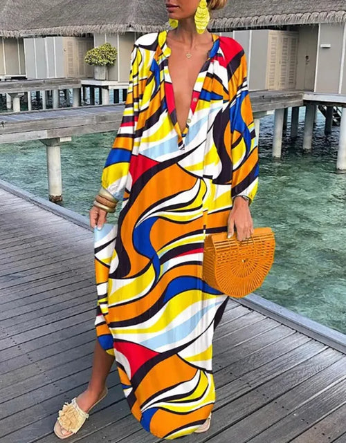 Load image into Gallery viewer, Women Sexy Deep V-Neck Maxi Dresses Bohemian Style With Lantern Sleeves  Long Dress  Vintage
