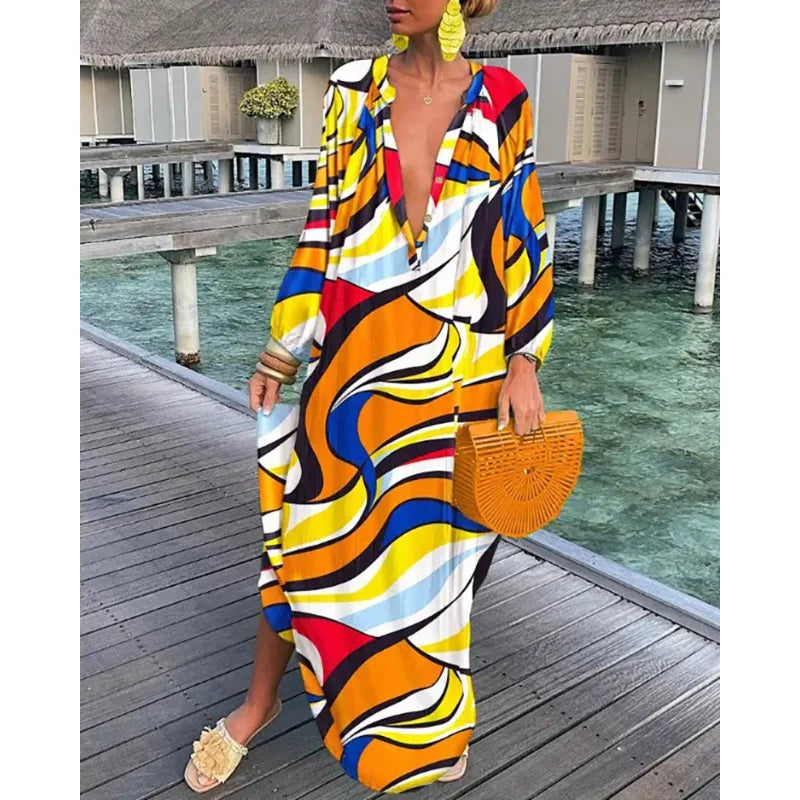 Women Sexy Deep V-Neck Maxi Dresses Bohemian Style With Lantern Sleeves  Long Dress  Vintage
