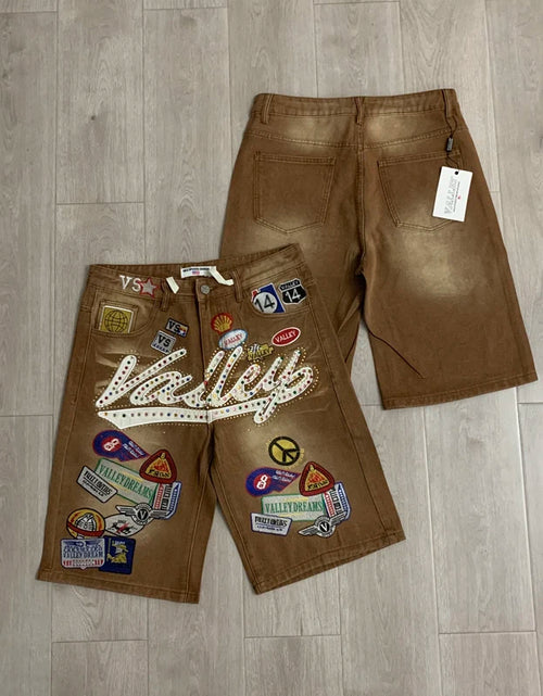Load image into Gallery viewer, 2026 American VALLEY Embroidery Rhinestone Logo Patch Label Denim Shorts Men High Quality Loose Straight Short Jeans
