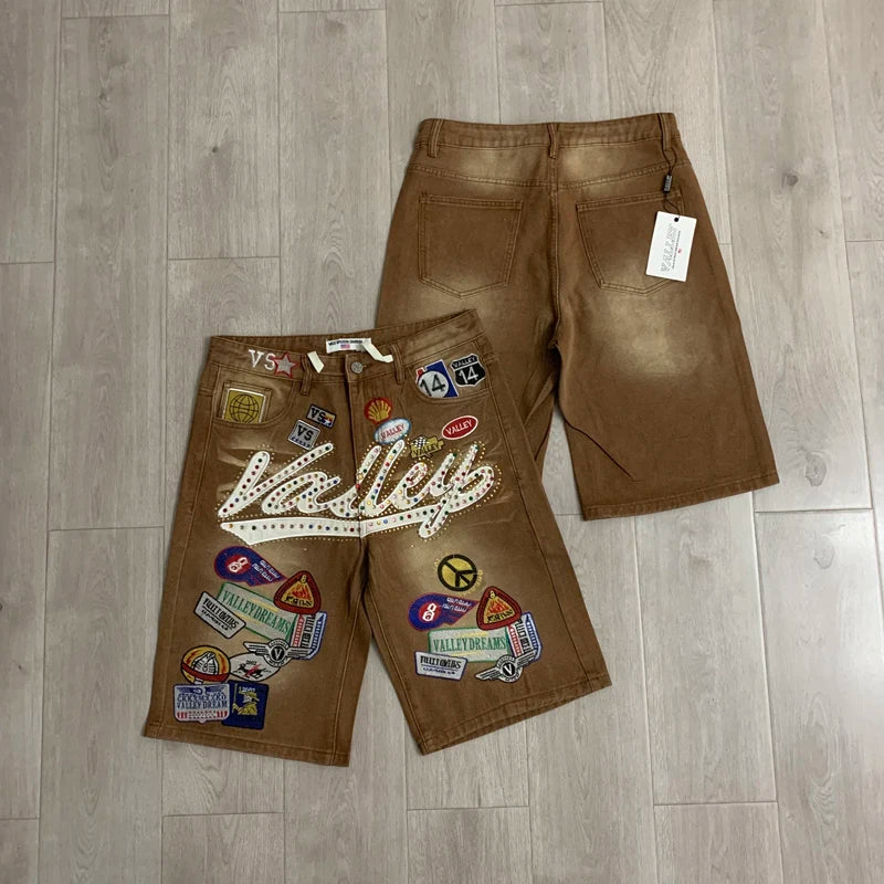 2026 American VALLEY Embroidery Rhinestone Logo Patch Label Denim Shorts Men High Quality Loose Straight Short Jeans