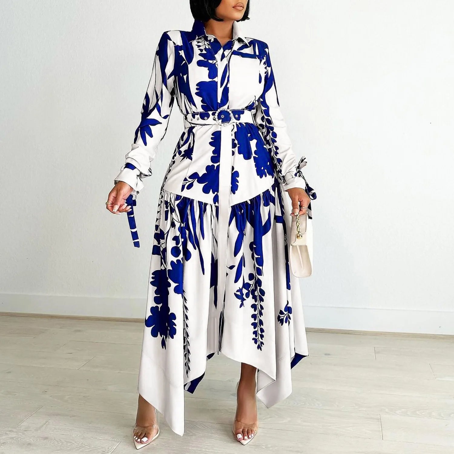 Elegant Dresses for Woman Turn Down Collar Single Breasted Belt Waisted Ankle Length Asymmetric  Dress
