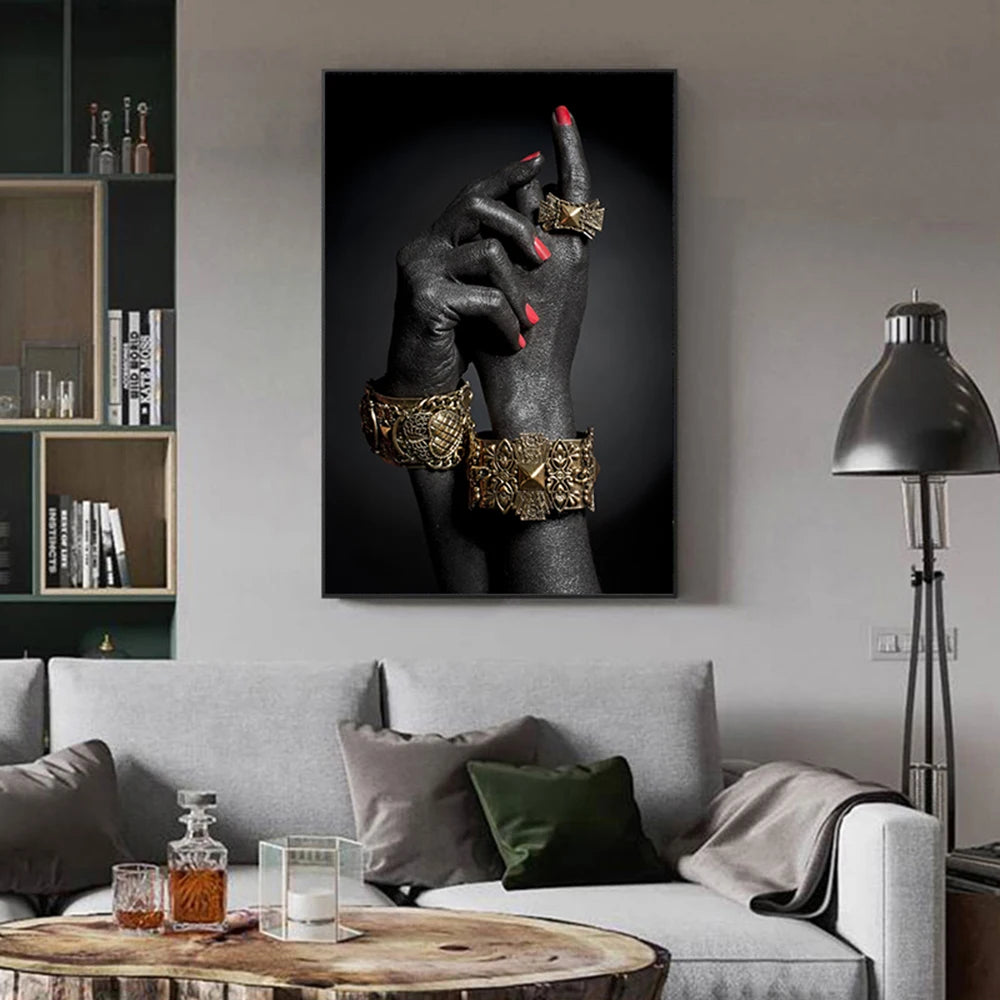 African Art Black and Gold Hand With Gold Gesture Canvas Painting Poster and Prints Wall Art Pictures for Living Room Home Decor