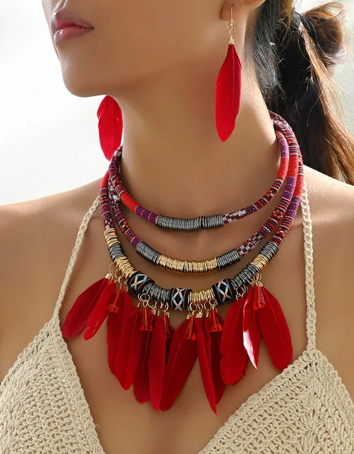 Load image into Gallery viewer, Fashion Vintage Ethnic Feather Choker Necklace Earrings Set For Women Multilayer
