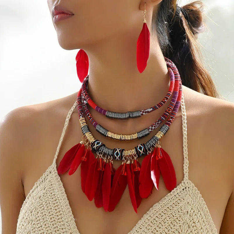 Fashion Vintage Ethnic Feather Choker Necklace Earrings Set For Women Multilayer