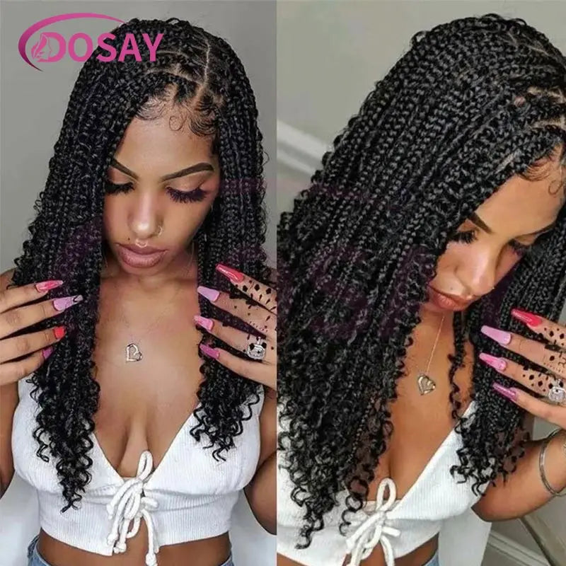 12" Synthetic Short Bohemian Boho Braided Wigs Full Lace Front Braiding Wig For Black Women Curly Knotless Bob Braids Locs Wigs