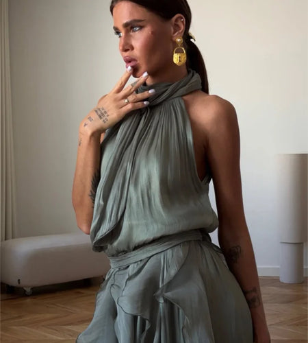 Women's Sleeveless Halter Neck Ruffle Maxi Dress Elegant Chiffon Tiered Waist Cinching Ankle-Length Solid Color Party Dress