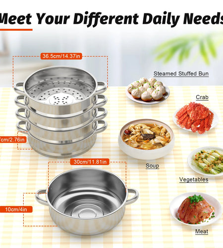 5-Layer Stainless Steel Thick Steam Pot Large-Capacity Universal Cooking Steamer Pot for Healthy Food Cooking