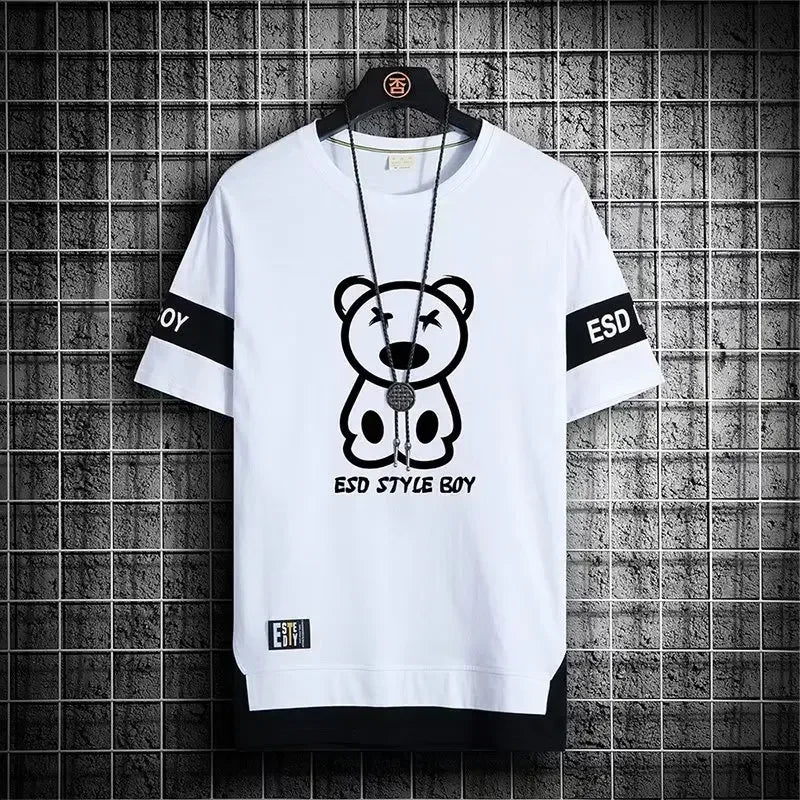 Men's Oversize T-Shirt Short Sleeve Korean Style Streetwear Harajuku Print Casual O-Neck Polyester Top for Spring And Summer