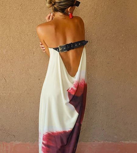 Sexy Strapless Print Floral Belt Women Maxi Dress Yellow Backless Vacation Dress Loose