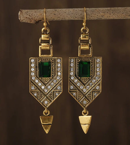 Fashion BOHO Green Glass Crystal Rhinestone Dangle Women Ancient Gold Color Wear Ear Band Long Tassel Earrings
