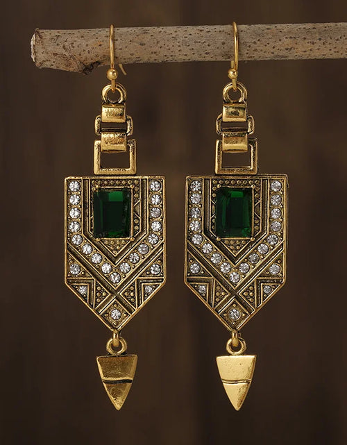 Load image into Gallery viewer, Fashion BOHO Green Glass Crystal Rhinestone Dangle Women Ancient Gold Color Wear Ear Band Long Tassel Earrings
