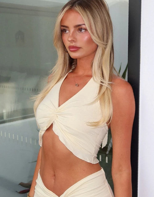 Load image into Gallery viewer, Cute new Pleated Matching Women 2 Piece Solid Sexy Ruffle Halter V-neck Crop Tank , Cross High Waist Skirt
