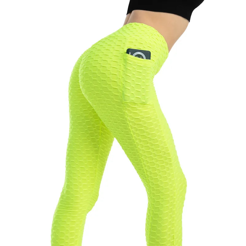 Women Fashion Pocket Bubble Pants Stretchy Slim Leggings Gym Running Cycling Fitness Pants High Waist Hip Lift Leggings Female