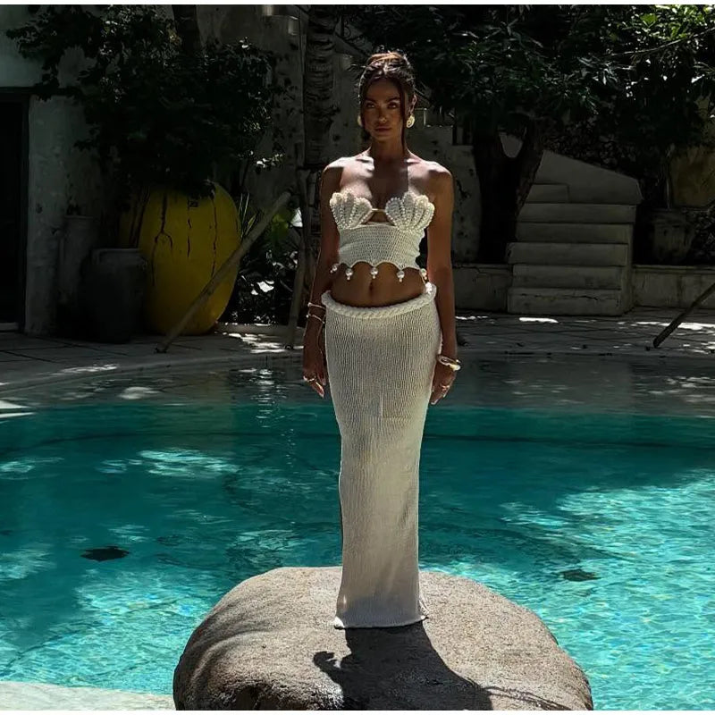 Crochet Knitted Pearl Bra Skirt Set ,Backless Hollow Out Short Top Twists Long Skirt