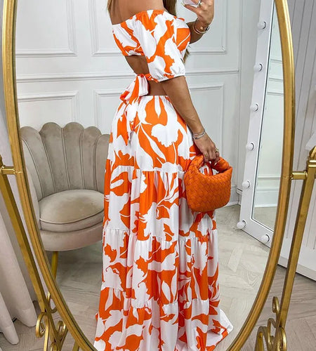 Sexy Women's  Slim Fit Printing Hollow Lace up Large Swing Dress Women's Fashion Short Sleeve High Waist Dress