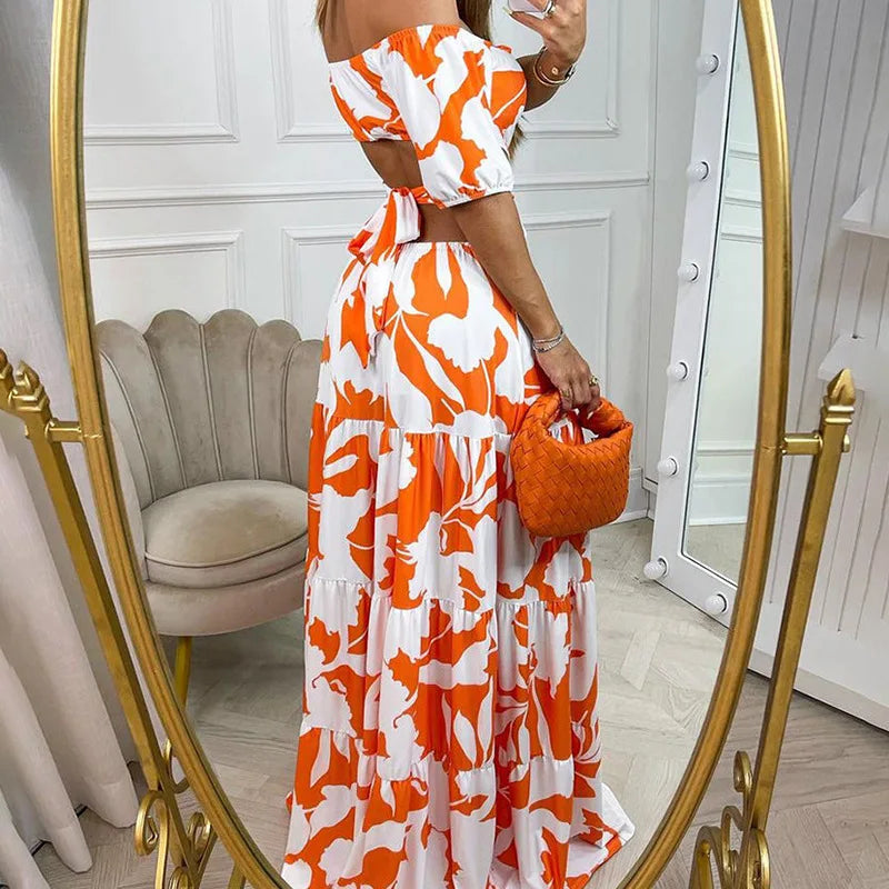 Sexy Women's  Slim Fit Printing Hollow Lace up Large Swing Dress Women's Fashion Short Sleeve High Waist Dress