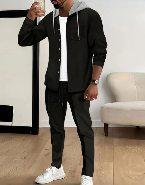 Load image into Gallery viewer, new Waffle men&#39;s casual slim-fit hooded long-sleeved cardigan matching color fashion high quality tracksuit pa
