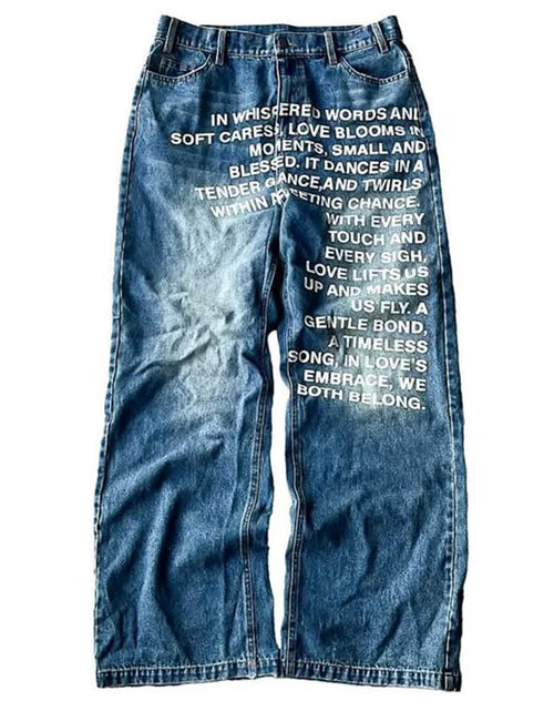 Load image into Gallery viewer, Men Jeans vintage American Pattern letter jeans streetwear Fashion Casual wide leg jeans
