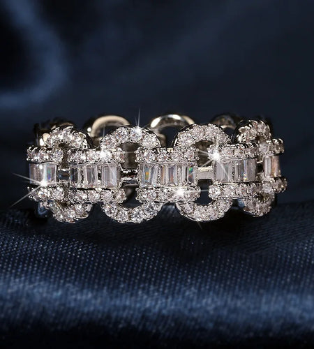 Fashion Luxury Large Row Flashing Zircon Ring  Chain Type 925 Stamp Jewelry