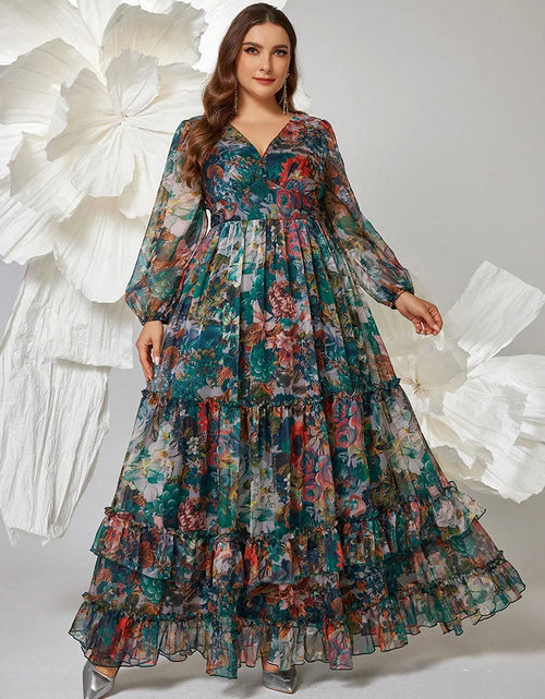 Load image into Gallery viewer, 2025 Plus Size Women&#39;s Floral Print V-Neck Lantern Sleeve Maxi Dresses
