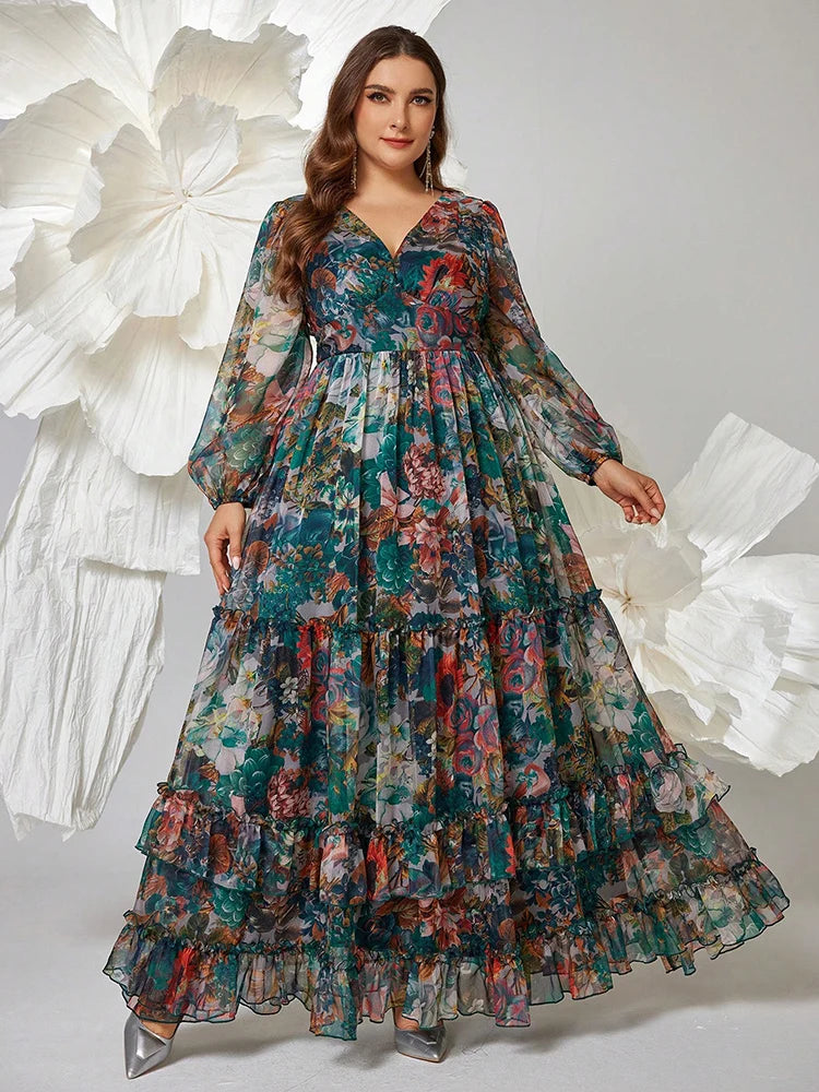 2025 Plus Size Women's Floral Print V-Neck Lantern Sleeve Maxi Dresses