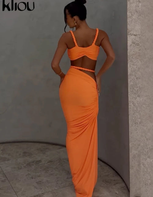 Load image into Gallery viewer, Woven Sexy Women 2 Piece Set Stunning Hot Solid Pleated Crop Camisoles High Waist Maxi Skirt
