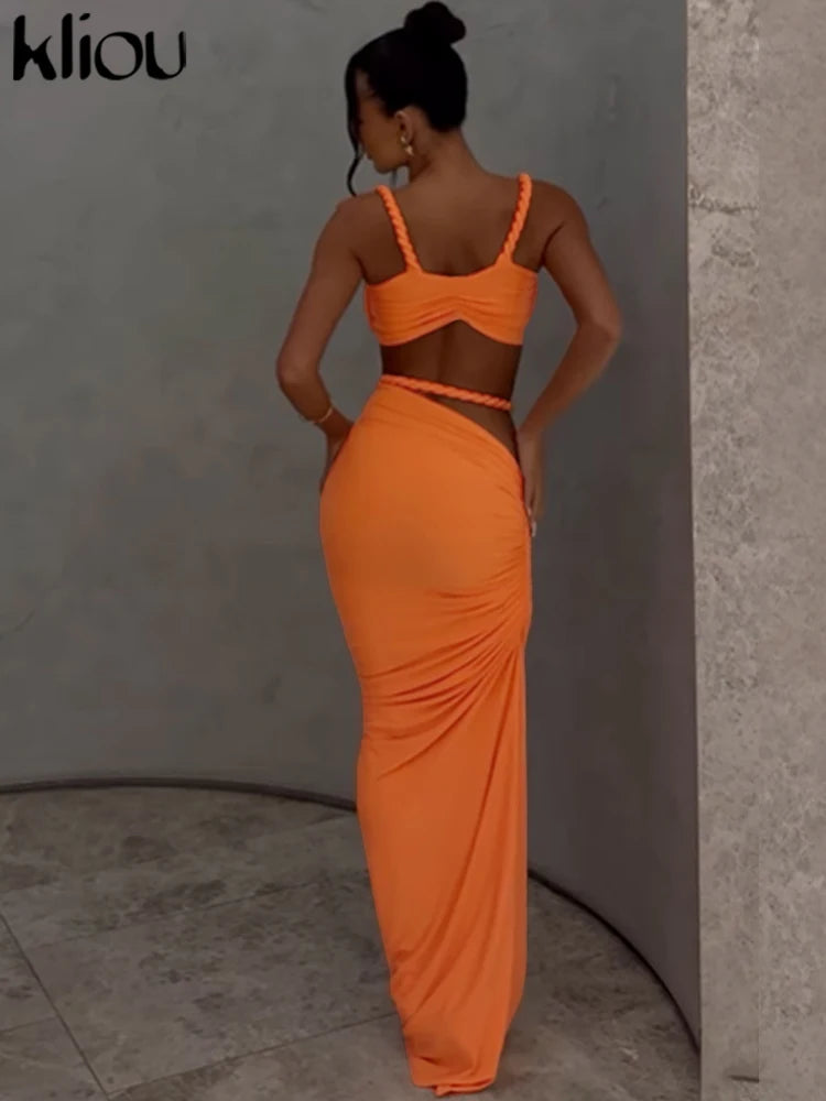 Woven Sexy Women 2 Piece Set Stunning Hot Solid Pleated Crop Camisoles High Waist Maxi Skirt