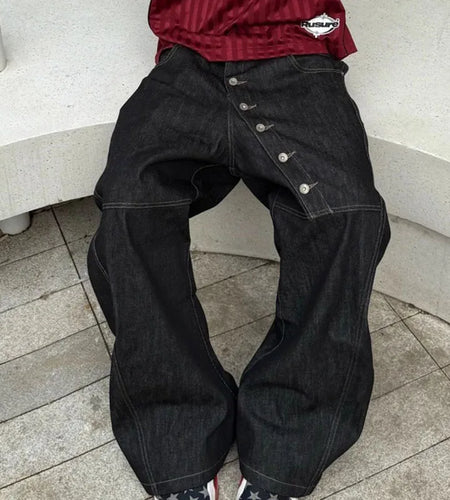 Men's High Street Buckle Curved Jeans Loose Straight Leg Black Wide Leg Casual Hip-Hop Pants Full Length Softener Mid-Waist
