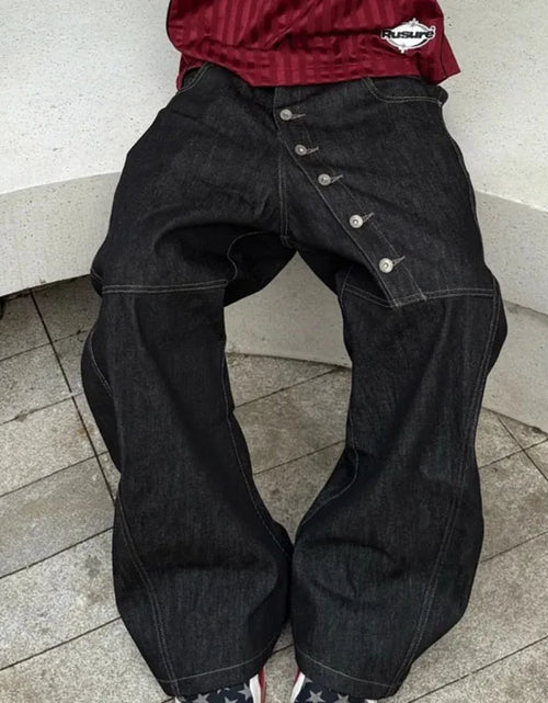 Load image into Gallery viewer, Men's High Street Buckle Curved Jeans Loose Straight Leg Black Wide Leg Casual Hip-Hop Pants Full Length Softener Mid-Waist
