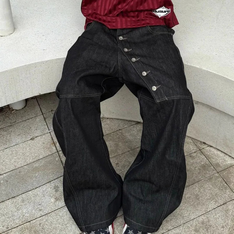 Men's High Street Buckle Curved Jeans Loose Straight Leg Black Wide Leg Casual Hip-Hop Pants Full Length Softener Mid-Waist