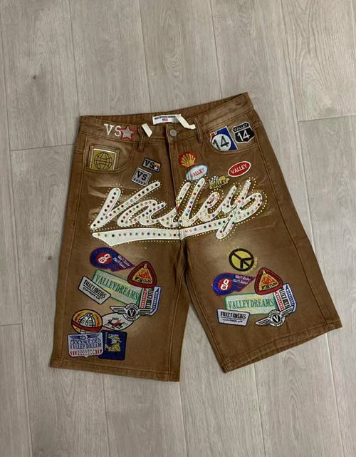 Load image into Gallery viewer, 2026 American VALLEY Embroidery Rhinestone Logo Patch Label Denim Shorts Men High Quality Loose Straight Short Jeans
