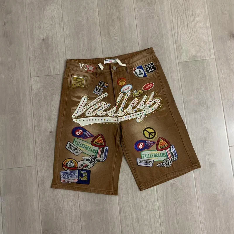 2026 American VALLEY Embroidery Rhinestone Logo Patch Label Denim Shorts Men High Quality Loose Straight Short Jeans