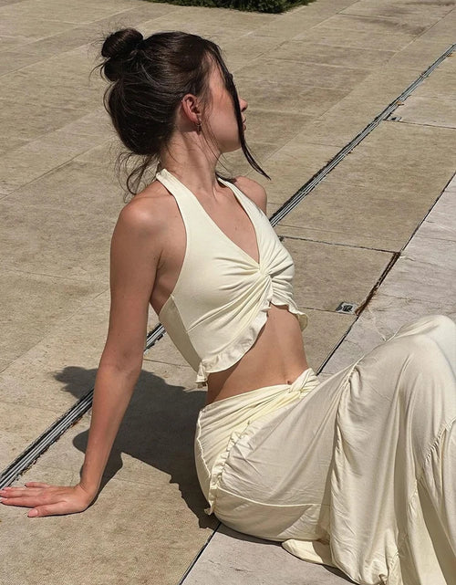 Load image into Gallery viewer, Cute new Pleated Matching Women 2 Piece Solid Sexy Ruffle Halter V-neck Crop Tank , Cross High Waist Skirt
