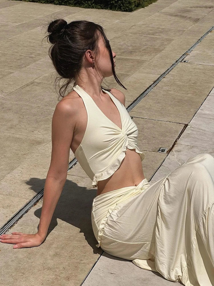 Cute new Pleated Matching Women 2 Piece Solid Sexy Ruffle Halter V-neck Crop Tank , Cross High Waist Skirt