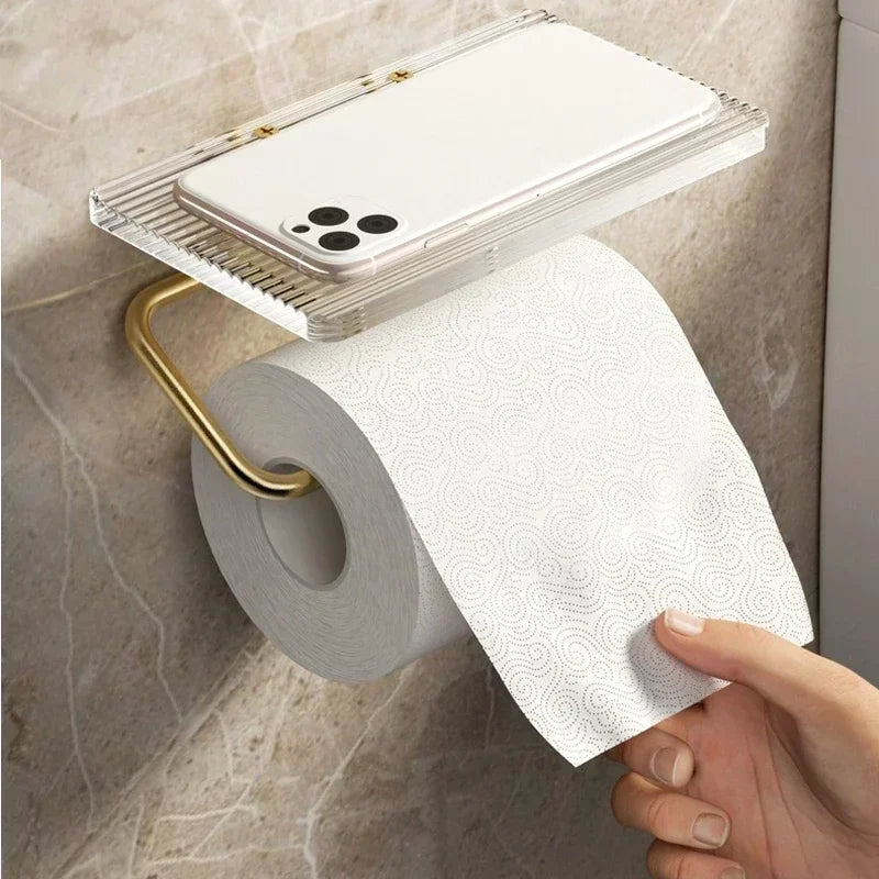 Luxury Gold Toilet Paper Holder with Shelf No Punching Acrylic Roll Paper Holder Tissue Hanger Bathroom Accessories  Bathroom