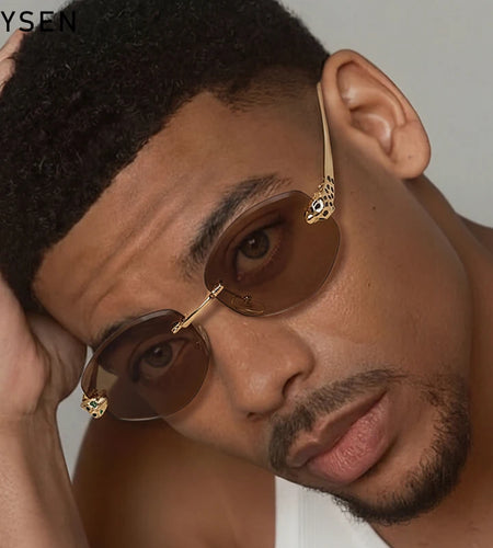 Vintage Rimless Oval Punk Sunglasses for Men Leopard Head Frameless UV400 Gradient Lens Hip Hop Outdoor Shades Luxury Designer Eyewear
