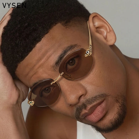 Vintage Rimless Oval Punk Sunglasses for Men Leopard Head Frameless UV400 Gradient Lens Hip Hop Outdoor Shades Luxury Designer Eyewear
