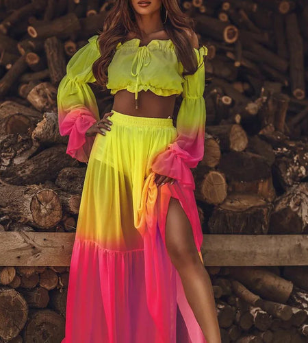 Vibrant Colors Chic Sexy Off Shoulder Ruffle Blouse and Slit Long Skirt for Women